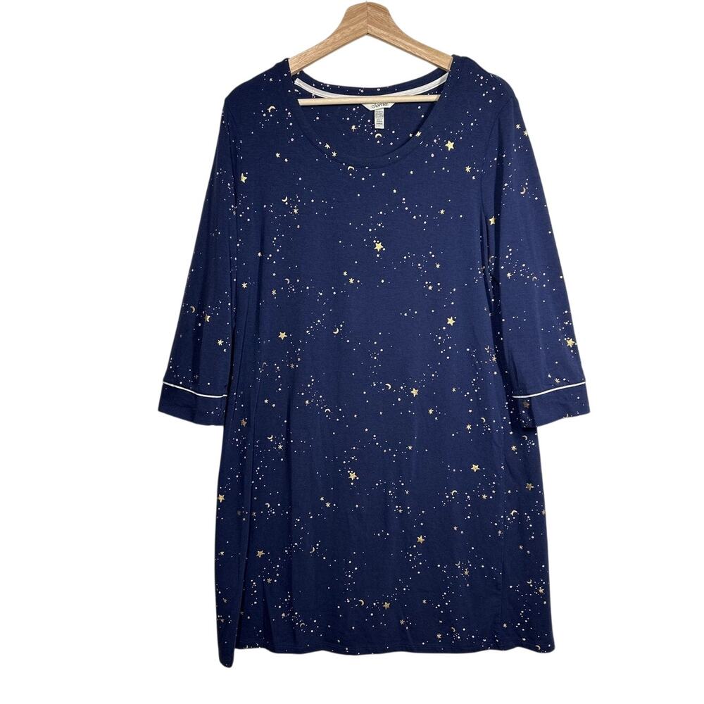Soma Star Moon Night Print Navy Blue Nightgown Sleepshirt 3/4 Sleeves Sz L